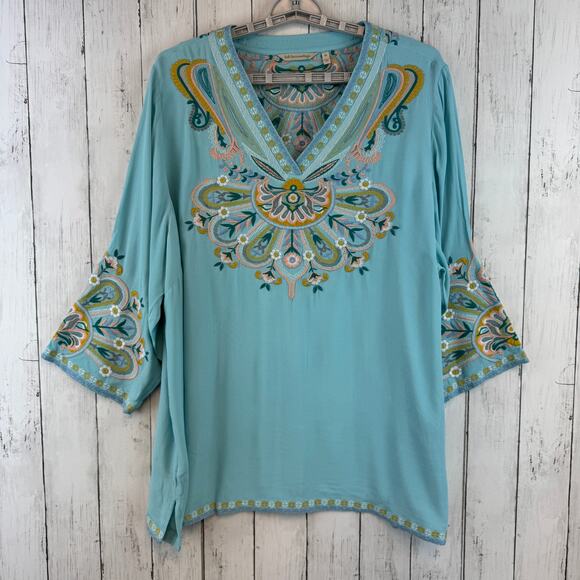 Soft Surroundings Blue River Island Embroidered Tunic 3/4 Sleeve Plus Size 2X - Picture 2 of 16